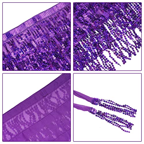 SUMERSHA Belly Dance Hip Scarf Sequin Tassel Performance Outfits Sparkly Fringe Skirt Wrap Halloween Costume Party Festival Rave Skirt for Women and Girls, Purple - Image 5