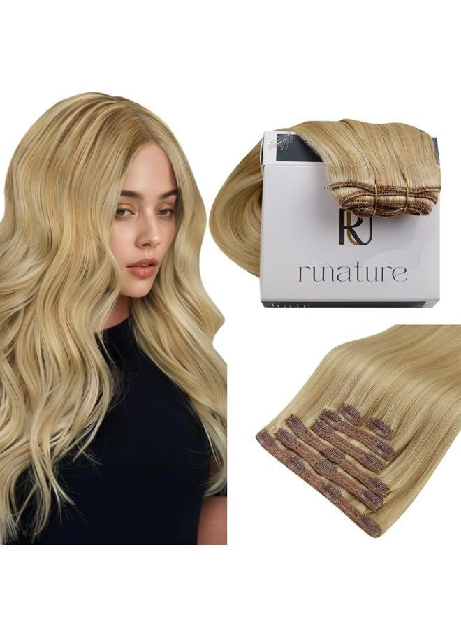 RUNATURE Blonde Clip in Hair Extensions, Real Human Hair Clip in Extensions, Short Hair Extensions Clip Ins, Double Weft Remy Natural Hair, 12 Inch 80g 7pcs, #16P24 Golden Blonde Highlights - Image 1