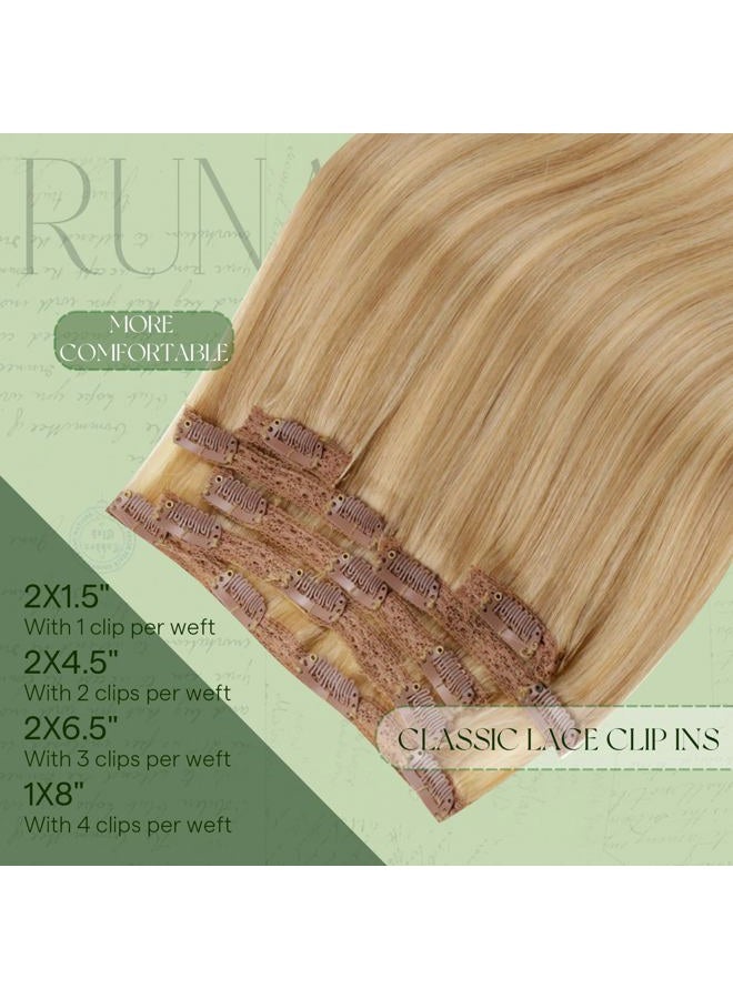 RUNATURE Blonde Clip in Hair Extensions, Real Human Hair Clip in Extensions, Short Hair Extensions Clip Ins, Double Weft Remy Natural Hair, 12 Inch 80g 7pcs, #16P24 Golden Blonde Highlights - Image 4