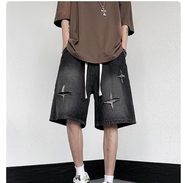 POHADON Y2K Blue Denim Shorts Summer Casual Loose Straight Leg Unisex Baggy Jeans Shorts Jorts Grunge Harajuku Streetwear (Black,L) - Image 2