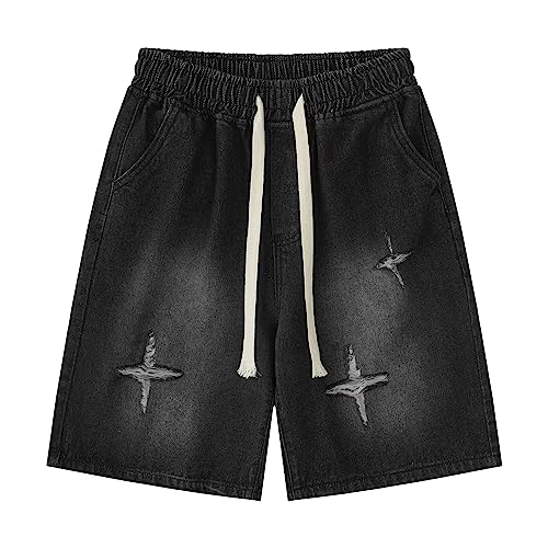 POHADON Y2K Blue Denim Shorts Summer Casual Loose Straight Leg Unisex Baggy Jeans Shorts Jorts Grunge Harajuku Streetwear (Black,L) - Image 1