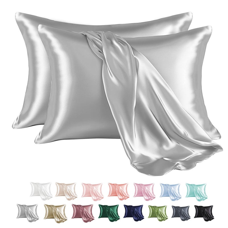 MRHM Satin Pillowcase for Hair and Skin Silk Satin Pillowcase 2 Pack Queen Size Pillow Cases Set of 2 Silky Pillow Cover with Envelope Closure 20x30 Silver Grey