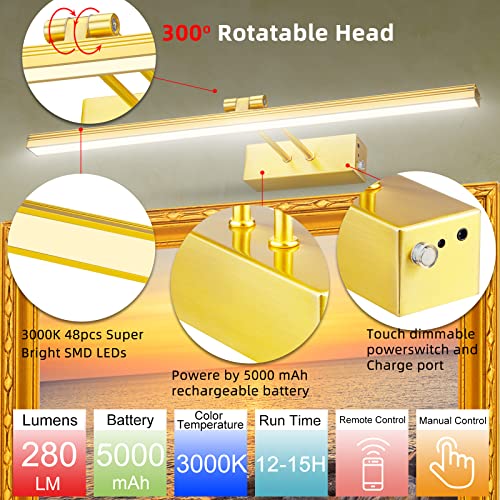 FUNCHDAY Picture Light,5000mAh Battery Operated Picture Light for Wall,Wireless Remote Painting Light with Timer and Dimmable,16”Metal Art Light for Display,Wall,Artwork,Portrait,Gallery -Brass - Image 3