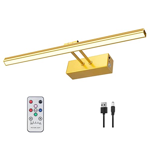 FUNCHDAY Picture Light,5000mAh Battery Operated Picture Light for Wall,Wireless Remote Painting Light with Timer and Dimmable,16”Metal Art Light for Display,Wall,Artwork,Portrait,Gallery -Brass - Image 1