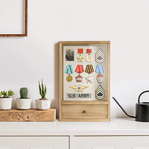 TJMOREE TJ.MOREE Deep Shadow Box Frame with Drawer, Shadowbox Display Case with Glass Window Picture Frame Memorabilia Bouquet Medals Military Photos Memory Box for Keepsakes - Image 5