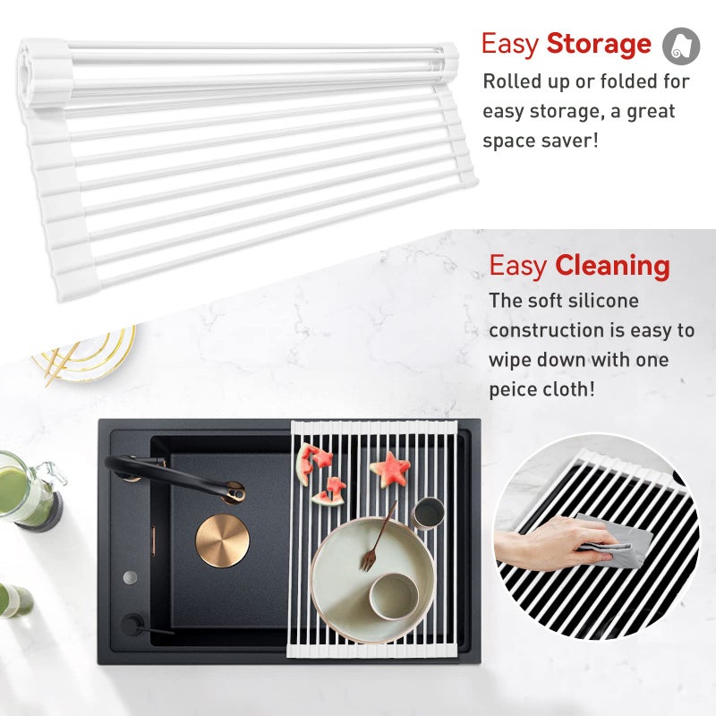 MERRYBOX Roll Up Over The Sink Dish Drying Rack Silicone Wrapped Foldable, Heat-Resistant, Anti-Slip Sink Rack Multipurpose Dish Drainer for Kitchen Sink Counter - White, 17.5" x 11" - Image 3