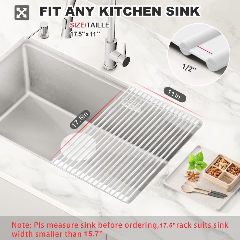 MERRYBOX Roll Up Over The Sink Dish Drying Rack Silicone Wrapped Foldable, Heat-Resistant, Anti-Slip Sink Rack Multipurpose Dish Drainer for Kitchen Sink Counter - White, 17.5" x 11" - Image 2