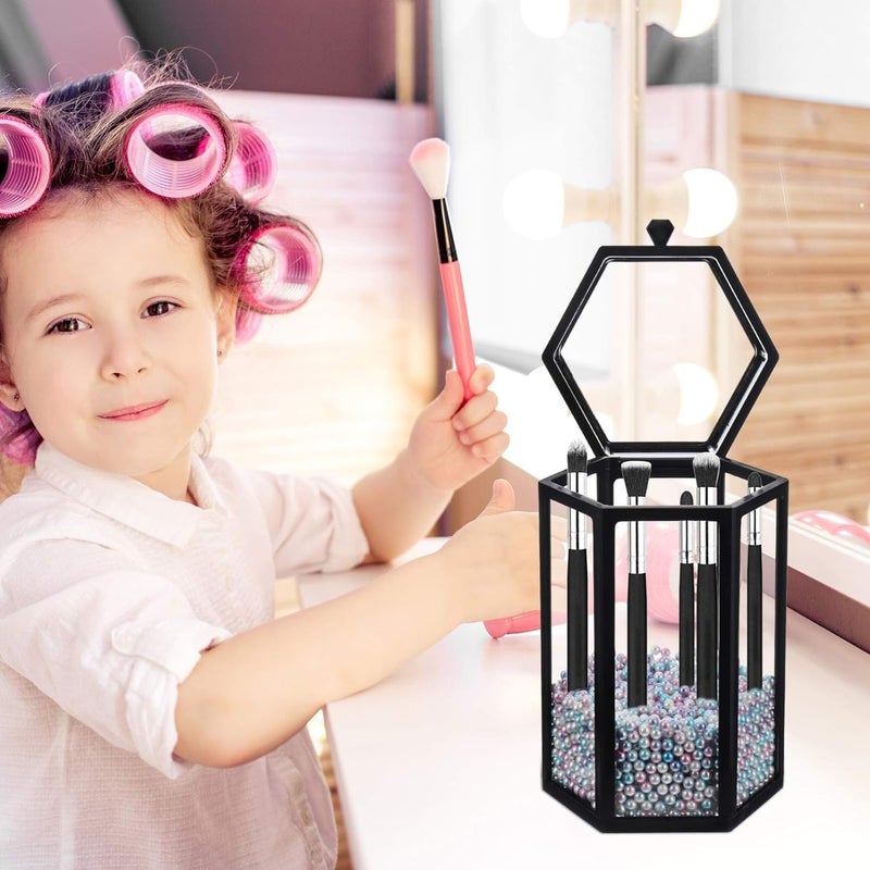 EDBIRET Makeup Brush Holder with Dustproof Lid Clear Cosmetic Makeup Brush Organizer and Storage Box Dustproof Makeup Brush holder with Lid for Vanity Bathroom Bedroom Black Hexagon - Image 3