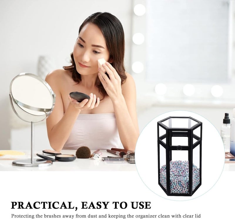 EDBIRET Makeup Brush Holder with Dustproof Lid Clear Cosmetic Makeup Brush Organizer and Storage Box Dustproof Makeup Brush holder with Lid for Vanity Bathroom Bedroom Black Hexagon - Image 5