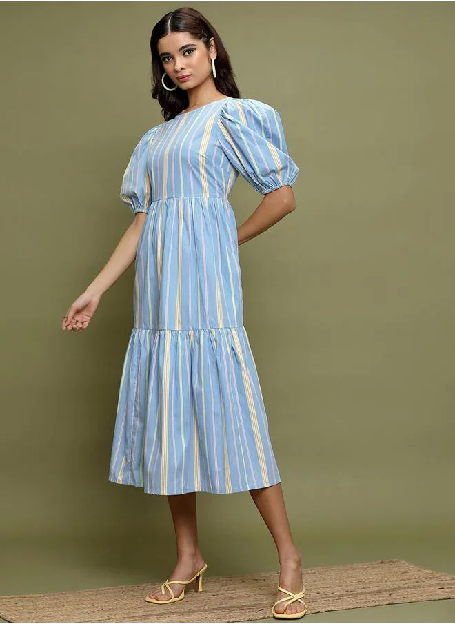 فيشود Vishudh Women Blue Striped Puff Sleeves A-Line Midi Dress