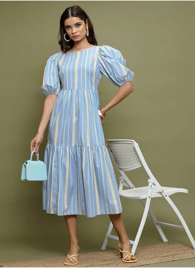 فيشود Vishudh Women Blue Striped Puff Sleeves A-Line Midi Dress