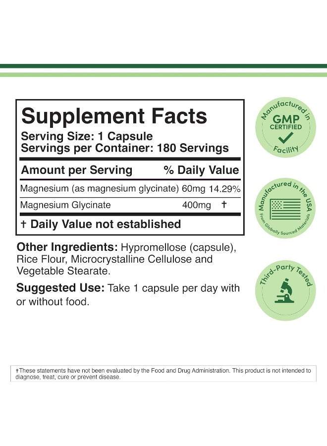 Double Wood Supplements Magnesium Glycinate 400mg, 180 Capsules (Vegan Safe, Manufactured and Third Party Tested in The USA, Gluten Free, Non-GMO) High Absorption Magnesium for Sleep by Double Wood Supplements - Image 2
