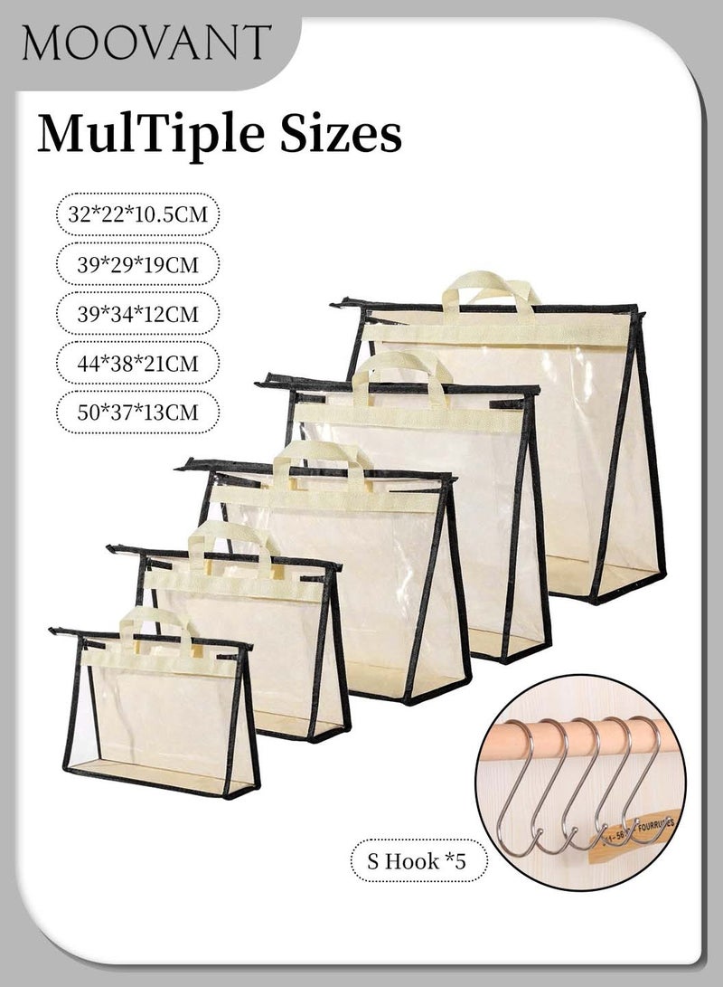 Moovant 5 Pack Multi-size Storage Bags with Extra 5 S-hooks, Clear Handbag Storage Organizer, Dust Bags for Handbags, with Zipper and Handle - Image 1
