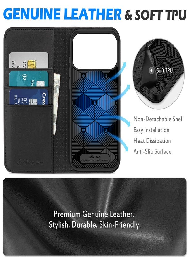 SHIELDON Genuine Leather Wallet Case for iPhone 17 Pro Max 6.9-inch 5G 2025, RFID Blocking, Card Holder, Kickstand, Magnetic, Flip Folio Cover, Strap Holes, Shockproof TPU Shell, Protective - Black - Image 3