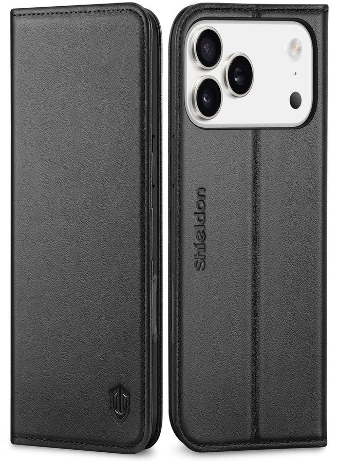 SHIELDON Genuine Leather Wallet Case for iPhone 17 Pro Max 6.9-inch 5G 2025, RFID Blocking, Card Holder, Kickstand, Magnetic, Flip Folio Cover, Strap Holes, Shockproof TPU Shell, Protective - Black - Image 1