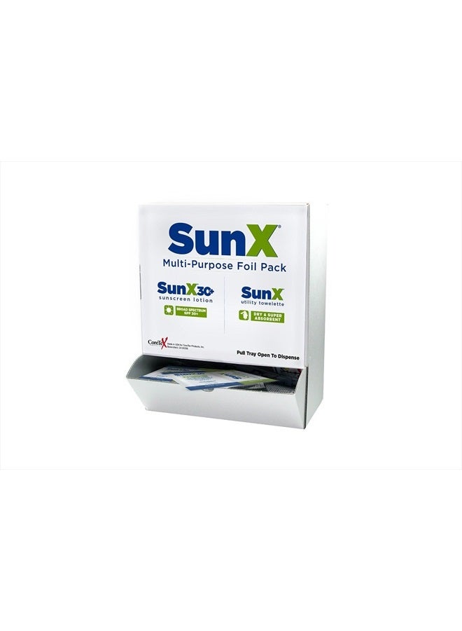 Coretex SunX SPF30 Sunscreen with Towelettes - 25 Individual Foil Pouches with 25 Individual Towelettes/Box, PABA Free, Oil-free, Water and Sweat Resistant, UVA/UVB Protection