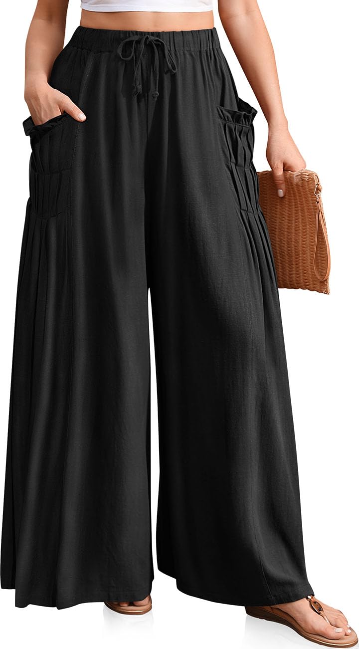 TARSE Women Linen Palazzo Pants Summer Boho Wide Leg High Waist Casual Lounge Pant 2025 Beach Travel Vacation Outfits Black, M - Image 1