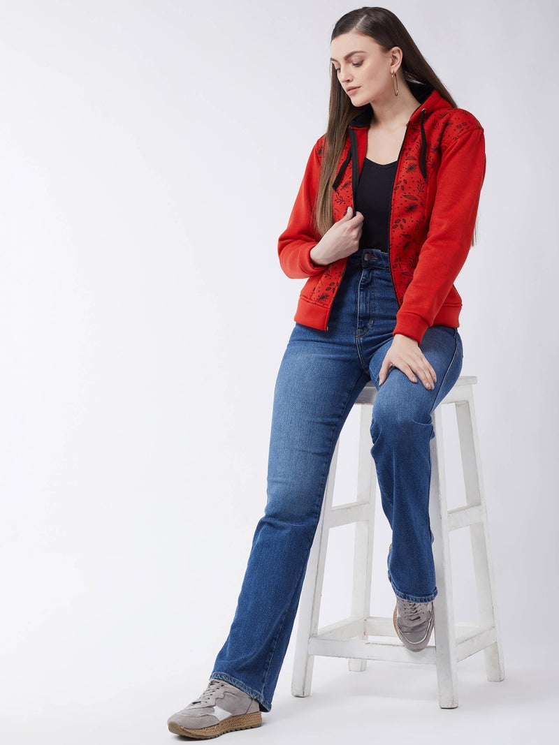 Pivl Women's Fleece Blend Winter hooded Jacket. RED_L - Image 2