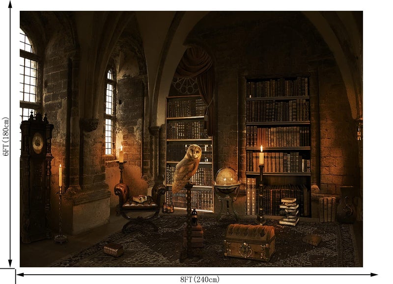 OUYIDA Halloween Backdrop for Photography Wizard Magic School Bookshelf Bookcase Candle Owl Ancient Library Background for Party Decoration Banner Supplies Photo Studio Booth Props 8X6FT CEM214C - Image 3