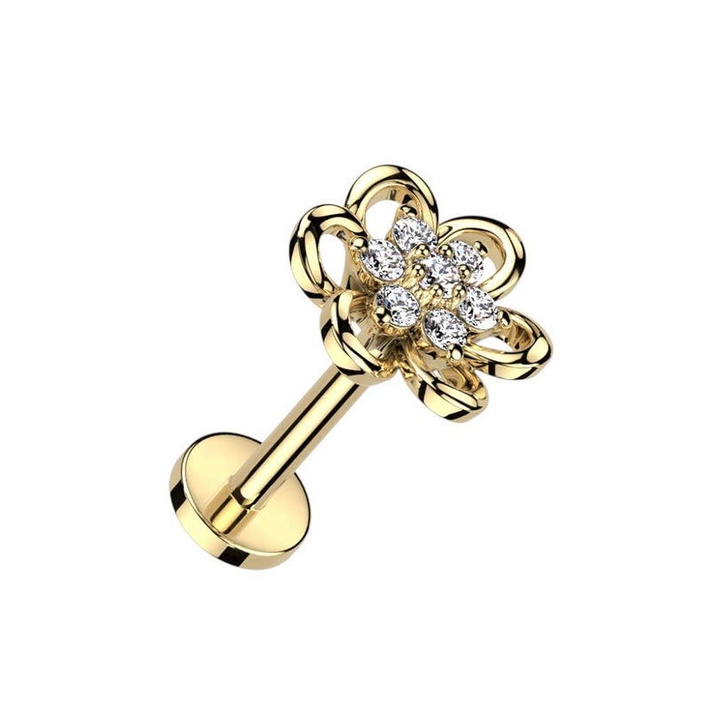 Pierced Owl 16GA 316L Stainless Steel Hollow Flower with CZ Crystal Center Internally Threaded Stud (Gold Tone) - Image 1