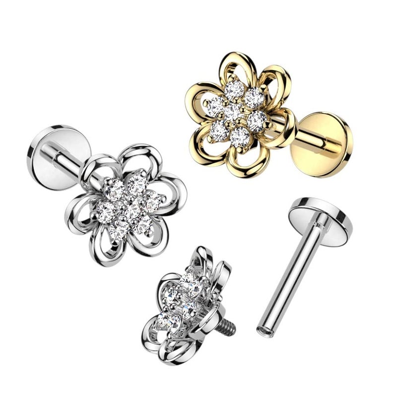 Pierced Owl 16GA 316L Stainless Steel Hollow Flower with CZ Crystal Center Internally Threaded Stud (Gold Tone) - Image 3
