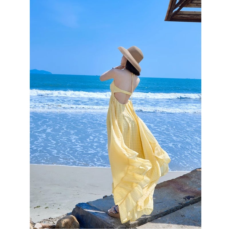 Yellow Spaghetti Strap A-Line Midi Dress for Women Beach Vacation - Image 4