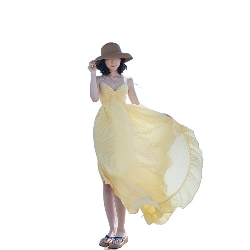 Yellow Spaghetti Strap A-Line Midi Dress for Women Beach Vacation - Image 5