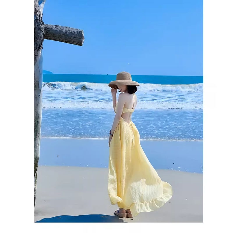 Yellow Spaghetti Strap A-Line Midi Dress for Women Beach Vacation - Image 1