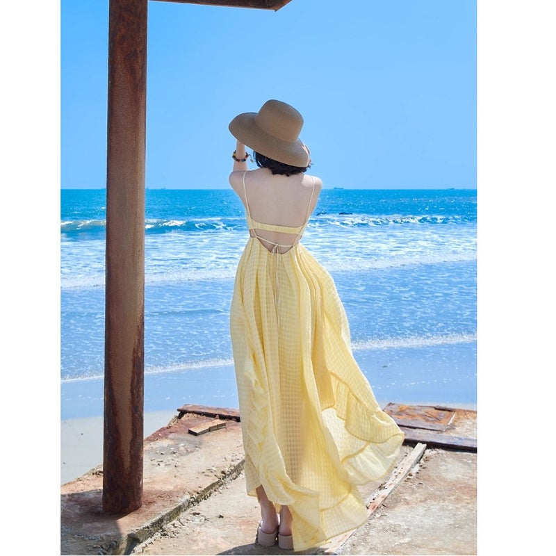 Yellow Spaghetti Strap A-Line Midi Dress for Women Beach Vacation - Image 3