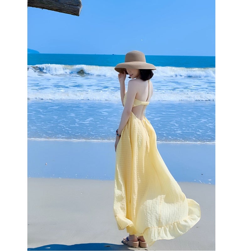Yellow Spaghetti Strap A-Line Midi Dress for Women Beach Vacation - Image 2