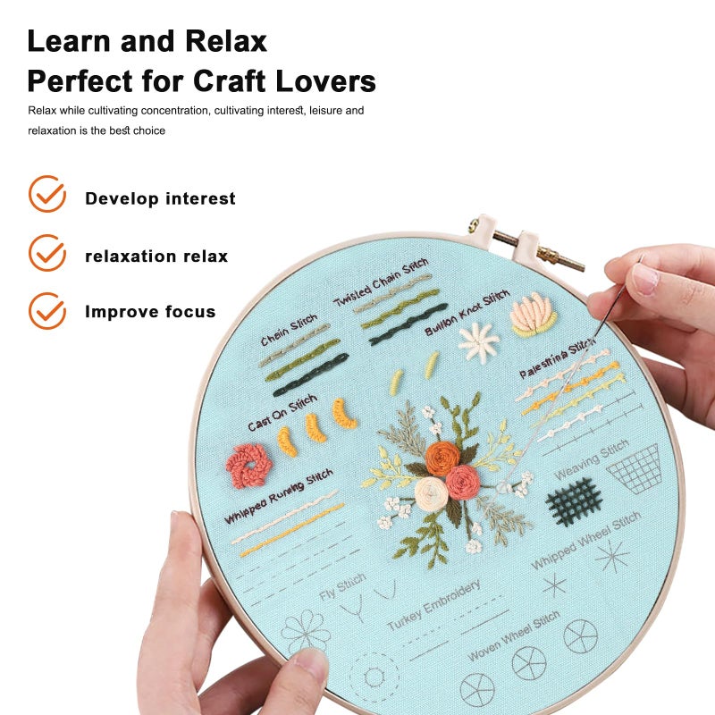JOINRUN Beginner Embroidery Kit for Adults, 3 Pack Cross Stitch Kits with Pre-Printed Patterns, Threads, Needles, Learn Stitches with 7.8" Hoop, Video Tutorial, DIY Needlework Craft Gift for Women - Image 4