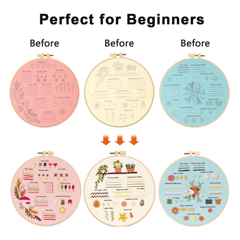 JOINRUN Beginner Embroidery Kit for Adults, 3 Pack Cross Stitch Kits with Pre-Printed Patterns, Threads, Needles, Learn Stitches with 7.8" Hoop, Video Tutorial, DIY Needlework Craft Gift for Women - Image 5