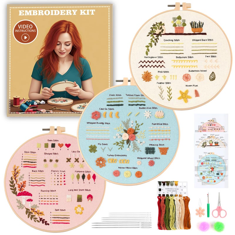 JOINRUN Beginner Embroidery Kit for Adults, 3 Pack Cross Stitch Kits with Pre-Printed Patterns, Threads, Needles, Learn Stitches with 7.8" Hoop, Video Tutorial, DIY Needlework Craft Gift for Women - Image 1