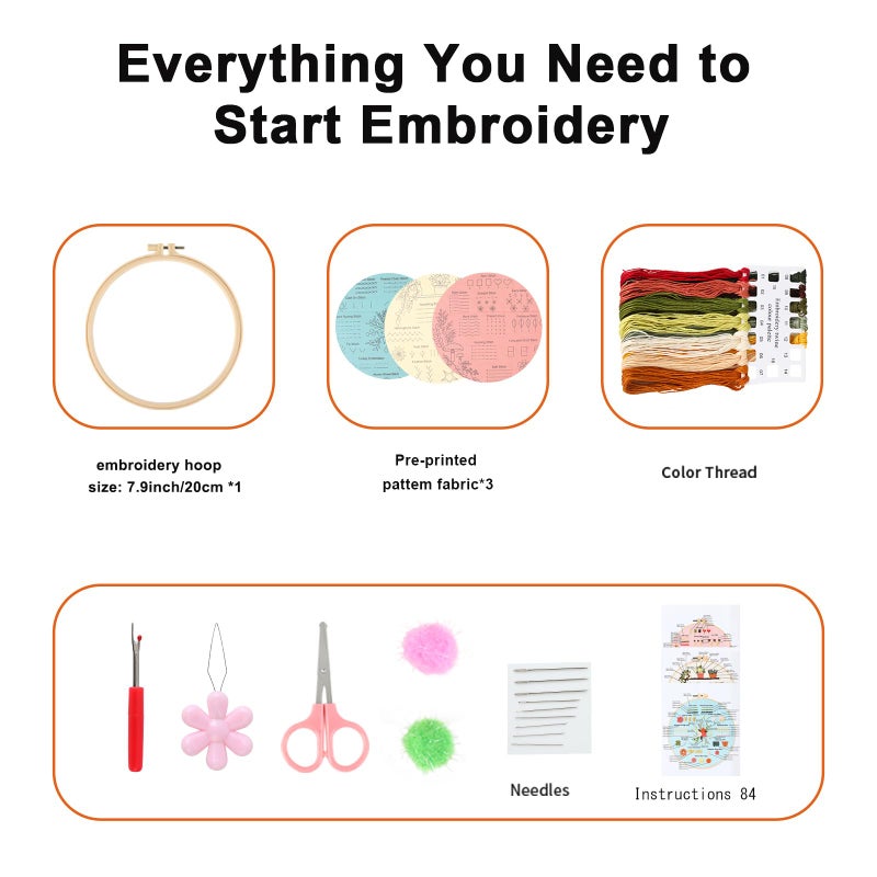 JOINRUN Beginner Embroidery Kit for Adults, 3 Pack Cross Stitch Kits with Pre-Printed Patterns, Threads, Needles, Learn Stitches with 7.8" Hoop, Video Tutorial, DIY Needlework Craft Gift for Women - Image 3