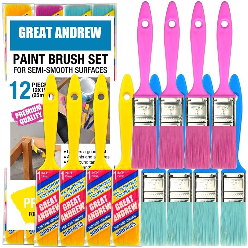 Great Andrew 12 PCS Small Paint Brushes1 Inch Paint Brush for Painting Acrylic Oil Crafts DIY Paint Brushes for WallsTouch UpTrim Painting Supplies