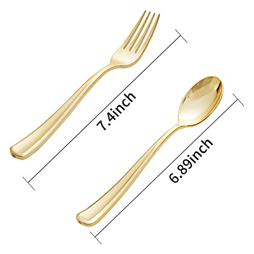 BUCLA 200-Piece Gold Plastic Silverware - Heavy Duty Disposable Cutlery Set - 100 Gold Plastic Forks & 100 Spoons for Catering, Party, Dinner, Wedding & Thanksgiving - Image 2