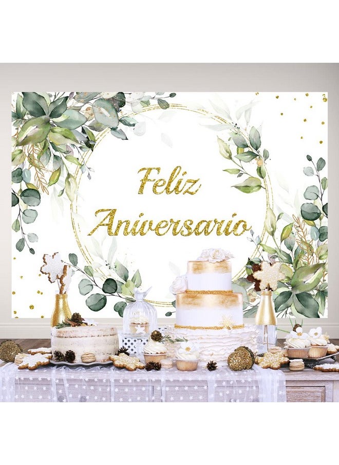 Lofaris Feliz Aniversario Backdrop For Photography Green Leaves Shinning Dots Gold Ring Mexican Happy Anniversary Decorations Supplies Floral Cake Table Banner Photo Booth Props 7X5Ft  - Image 5