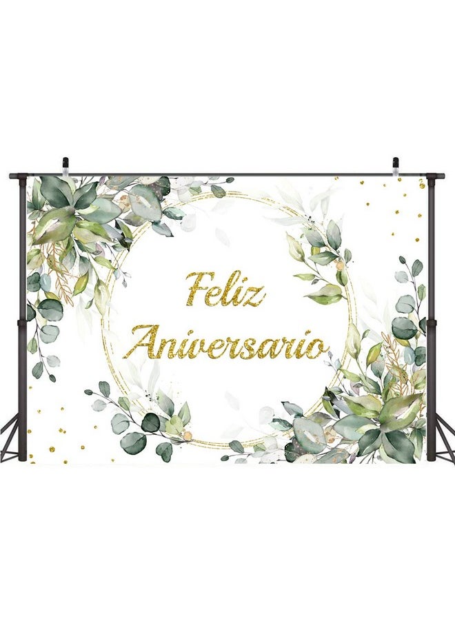 Lofaris Feliz Aniversario Backdrop For Photography Green Leaves Shinning Dots Gold Ring Mexican Happy Anniversary Decorations Supplies Floral Cake Table Banner Photo Booth Props 7X5Ft  - Image 3