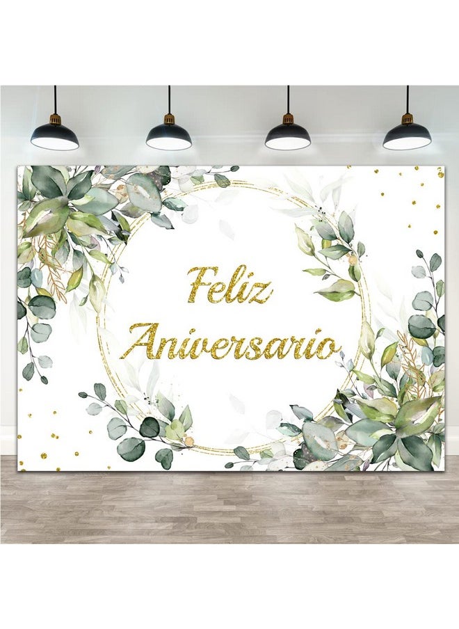 Lofaris Feliz Aniversario Backdrop For Photography Green Leaves Shinning Dots Gold Ring Mexican Happy Anniversary Decorations Supplies Floral Cake Table Banner Photo Booth Props 7X5Ft  - Image 1