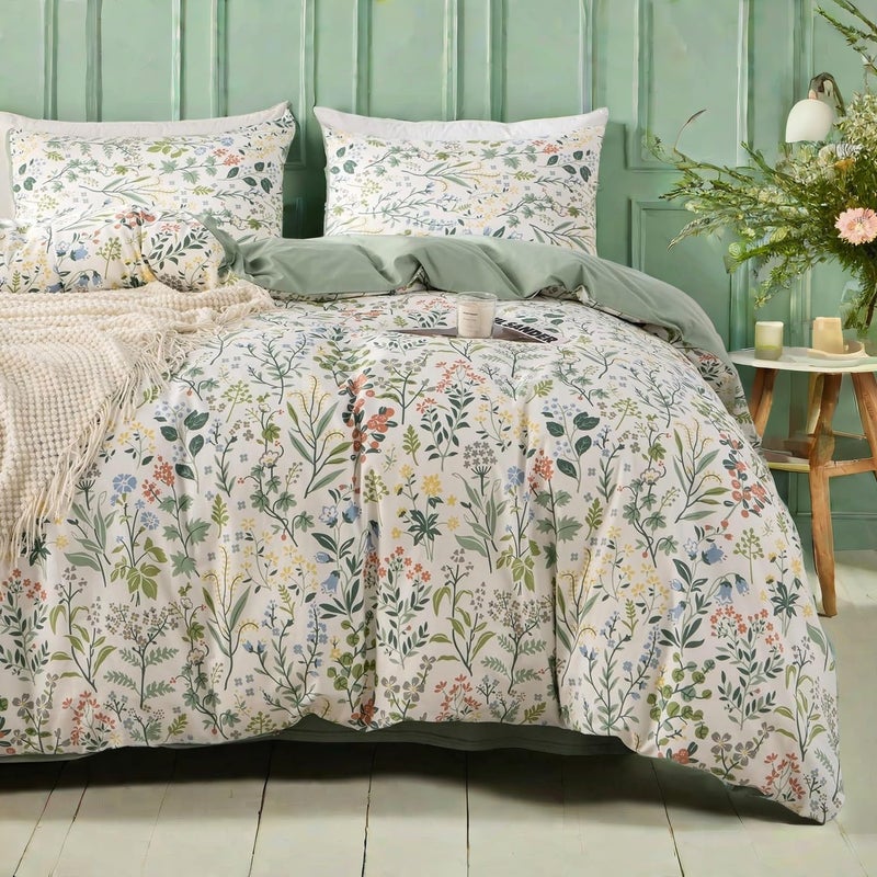 mixinni Sage Green Duvet Cover Set KingExquisite Floral King Size Comforter Set for All Seasons 3 Pieces 1 Wildflower Plants Duvet Cover 104x90 and 2 Pillow Cases 20x36 Sage Green