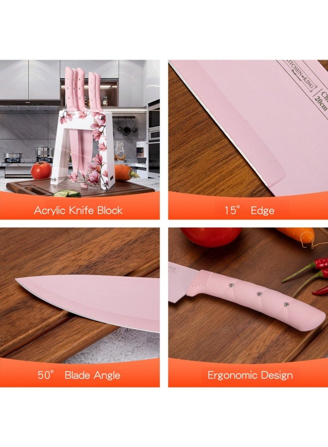 SHABILI Kitchen Knife Set, Pink Flower 6PC Stainless Steel Sharp Chef Knife Set with Acrylic Stand, Cooking Non-slip Knife Set with Block, Non-stick Colorful Coating Gift for Women Girls (Pink) - Image 2
