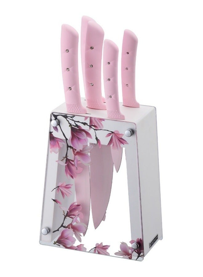 SHABILI Kitchen Knife Set, Pink Flower 6PC Stainless Steel Sharp Chef Knife Set with Acrylic Stand, Cooking Non-slip Knife Set with Block, Non-stick Colorful Coating Gift for Women Girls (Pink) - Image 1