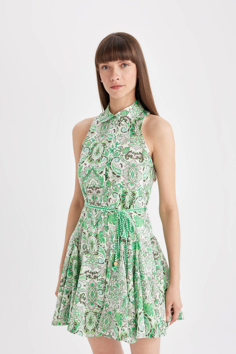 DeFacto Woman A Cut Shirt Collar Patterned Voile Sleeveless Mini Dress - Image 5