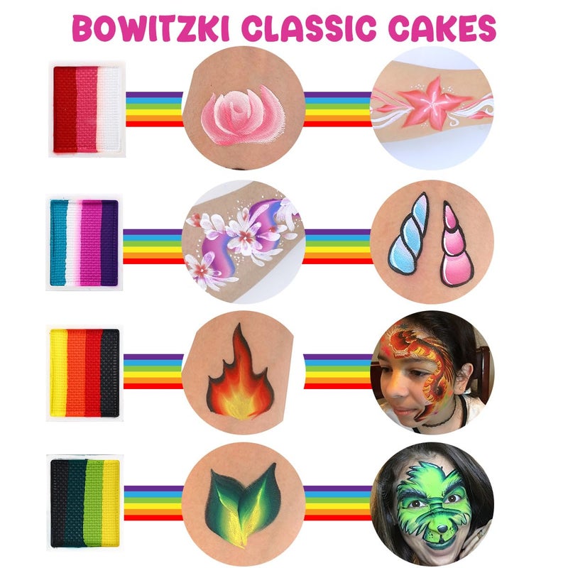 Bowitzki Face Paint Kit Professional Face Painting Set For Kids Adults 12 x 10gm Stencil One Stroke Split Cake Palette Non Toxic Rainbow Cakes Flora Unicorn Body Makeup Halloween Christmas Easter - Image 3