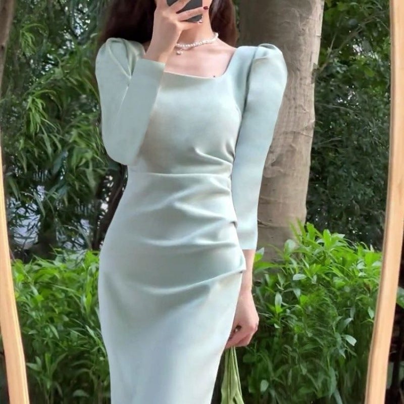 Autumn 2024 New French Hepburn Style Slim Fit Slim Elegant Goddess Style Split Mid-Length dress light green long sleeve] 