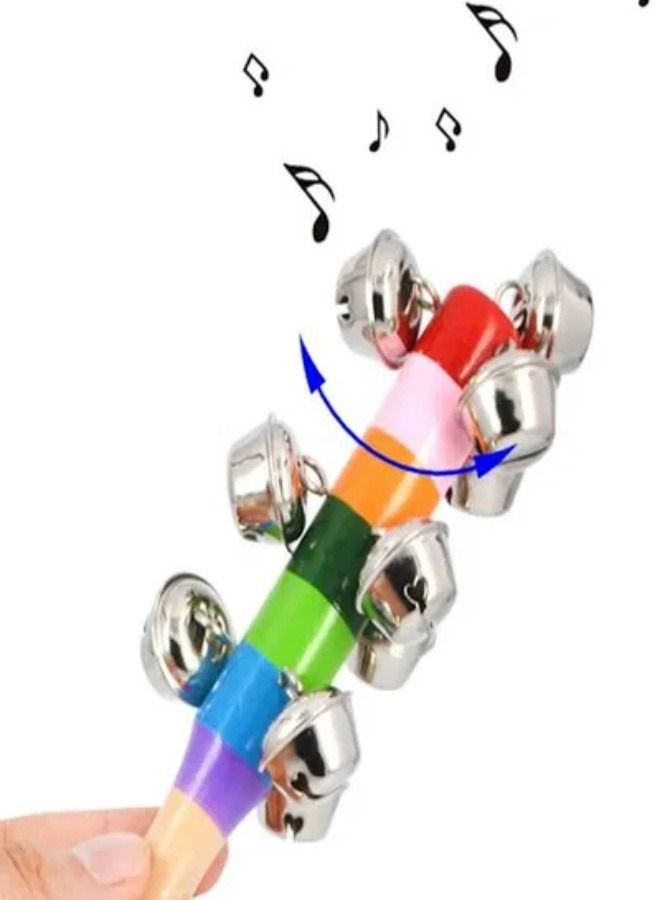 Wooden Rainbow Musical Instrument Handle Jingle Bell Rattle Shaker Stick Toys - Image 1
