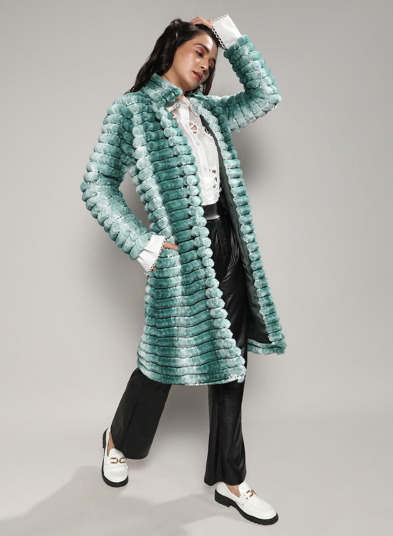 Campus Sutra Women's Ivory White & Forest Green Ombre Ripple Long Coat - Image 3