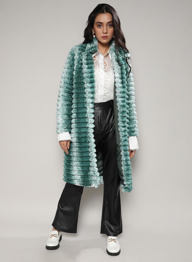 Campus Sutra Women's Ivory White & Forest Green Ombre Ripple Long Coat - Image 2