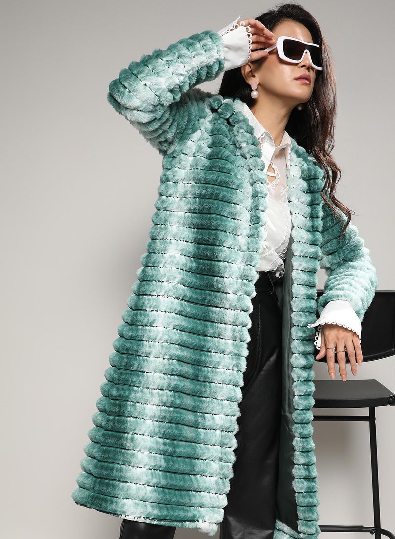 Campus Sutra Women's Ivory White & Forest Green Ombre Ripple Long Coat - Image 1
