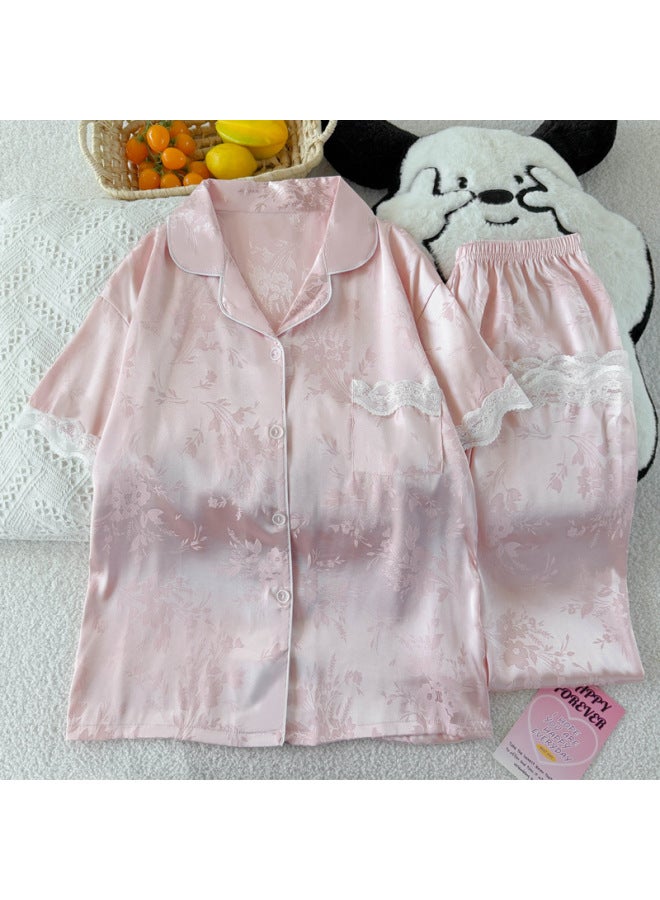 Light Luxury Ice Silk High-value Jacquard Sweet Pajamas For Women Summer Short-sleeved Lace Home Clothes Set Real Shot